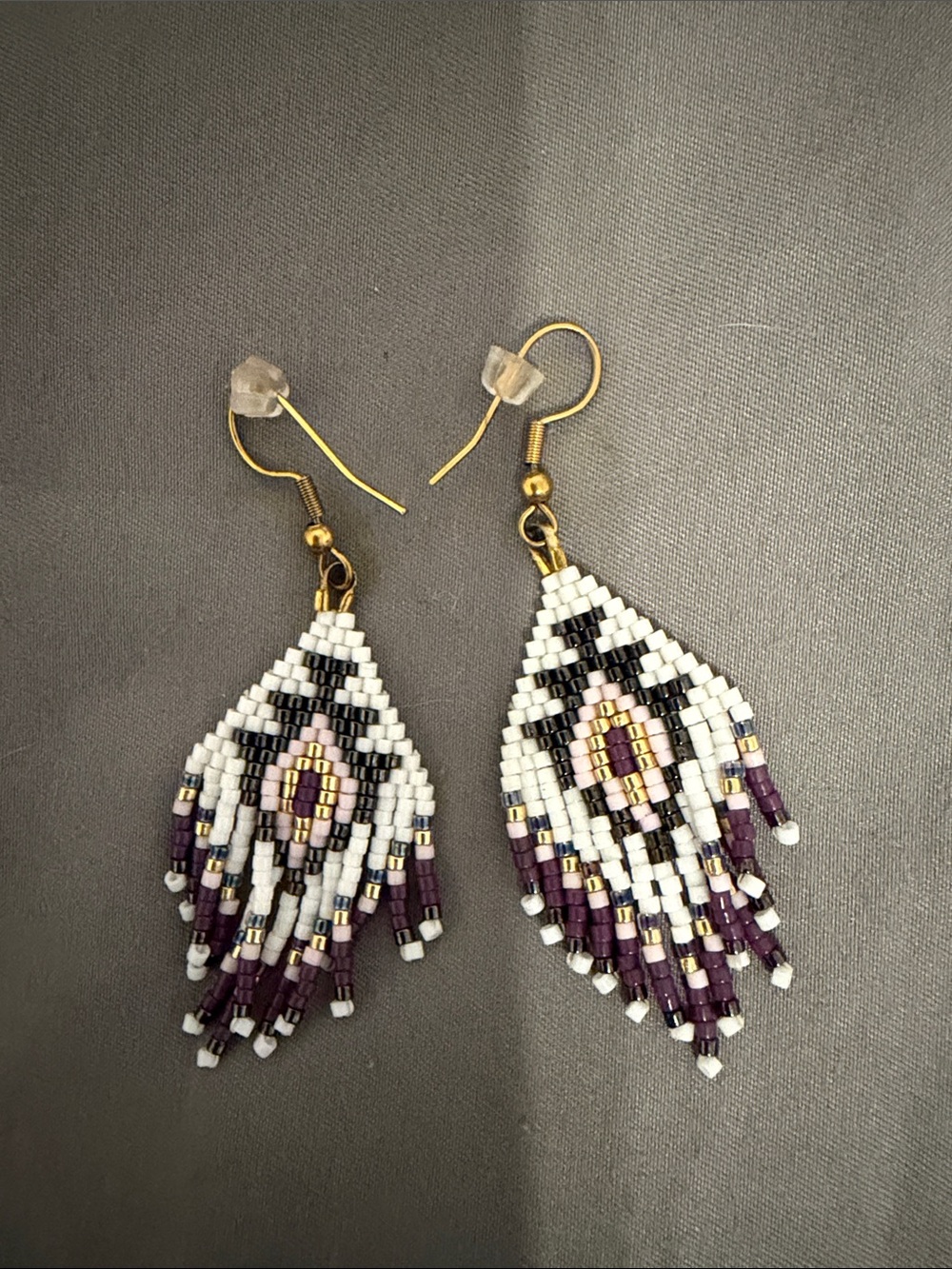 Handmade White and Purple Beaded Fringe Earrings